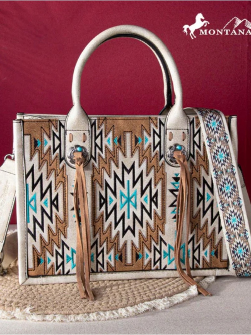 Montana West Aztec Satchel in White, Brown & Turquoise